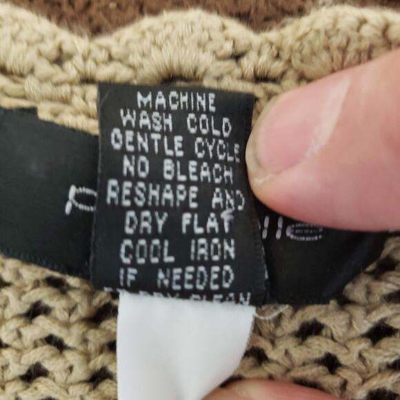 Pointelle Tan Button Up Open Mesh Knit Long Sleeve Crochet Neck Crop Cardigan XL - Picture 11 of 12